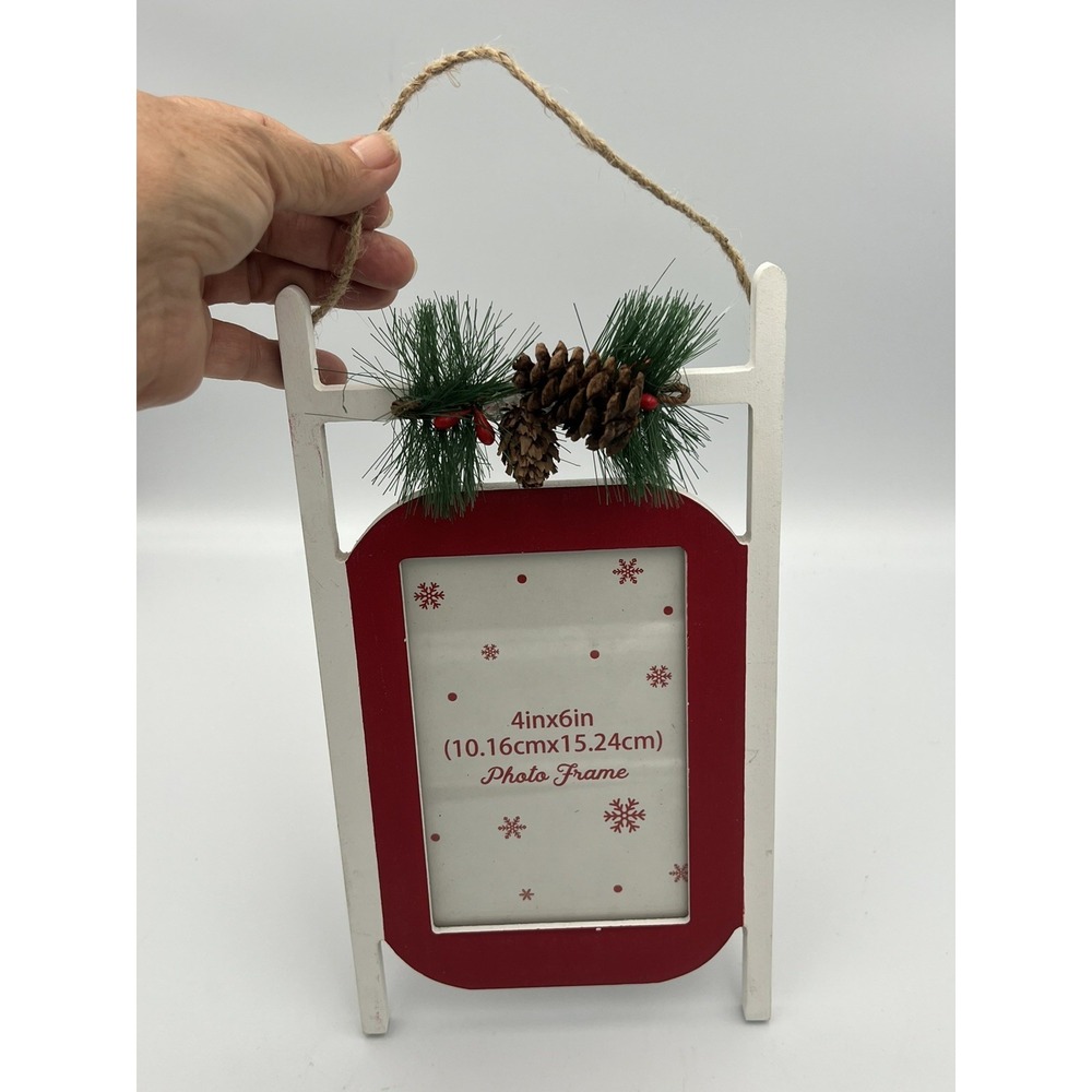 Sled Christmas Wood Photo Frame 4"x6" Traditional Holiday Red White Pine Cones
